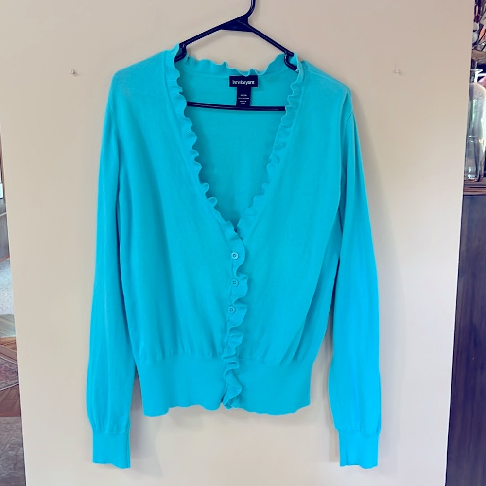 Lane Bryant Size 18/20 Blue Ruffle Trim V Neck Women’s Cardigan